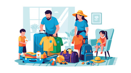 Family packing suitcases and preparing for a summer vacation together. Ideal for travel content, family lifestyle, holiday planning, and joyful seasonal illustrations