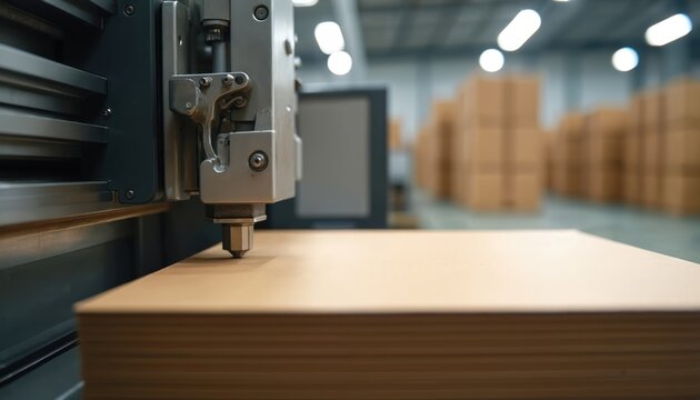 Automated machine cuts corrugated cardboard sheets for packaging production line. Industrial cutter prepares material for box manufacturing. Close-up view of manufacturing equipment.