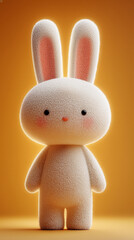 Cute fluffy bunny character standing on a warm yellow background, Easter inspiration