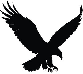 Silhouette of an eagle in flight with wide wings, lowered head, and extended talons for wildlife and design themes 