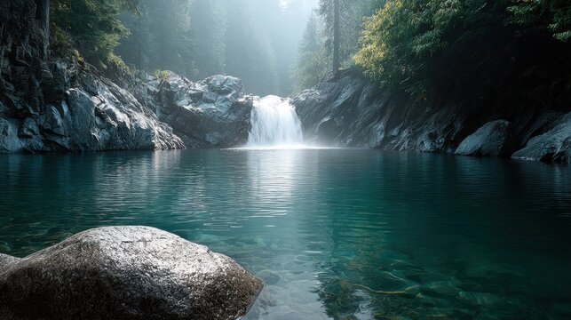 Serene Natural Waterfall Cascading into Calm Pool Surrounded by Lush Forest and Rocky Terrain in Soft Morning Light - Powered by Adobe