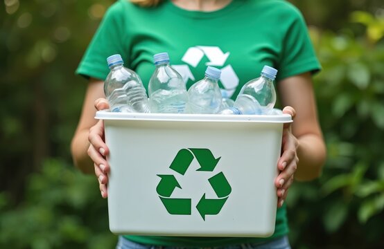 Woman in green shirt holds white recycle bin full of plastic water bottles outdoors. Actively volunteers for eco friendly waste management. Person collects rubbish for reuse, helping clean nature,