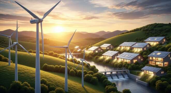 Wind turbines and houses powered by renewable energy on a green hillside