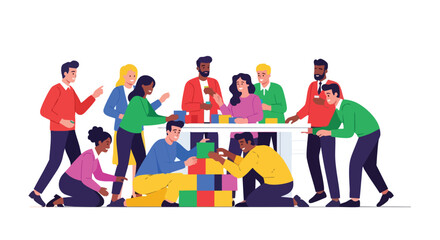 A diverse group of people collaborates on a building project, constructing a structure with colorful blocks, symbolizing teamwork and the achievement of a shared goal in a vibrant environment.