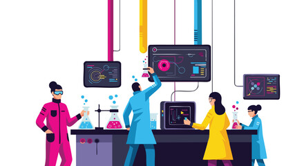 A vibrant illustration showcases a team of scientists in a modern laboratory, conducting experiments with beakers, monitors, and colorful liquids, exploring scientific concepts.