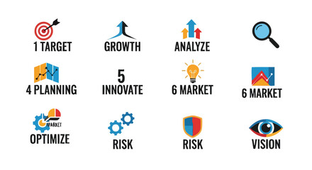 A collection of colorful business icons representing concepts like growth, planning, innovation, market analysis, risk assessment, and vision, suitable for presentations and marketing materials.
