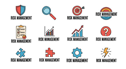 A collection of colorful risk management icons and illustrations, representing concepts like security, analysis, achievement, and problem-solving, used in business and financial contexts.
