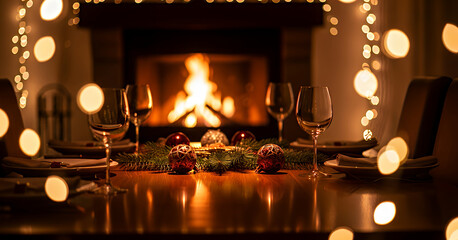 Warm candlelight reflects through elegant glassware on a festive dinner table as soft golden bokeh and a glowing fireplace create a peaceful and intimate holiday atmosphere.