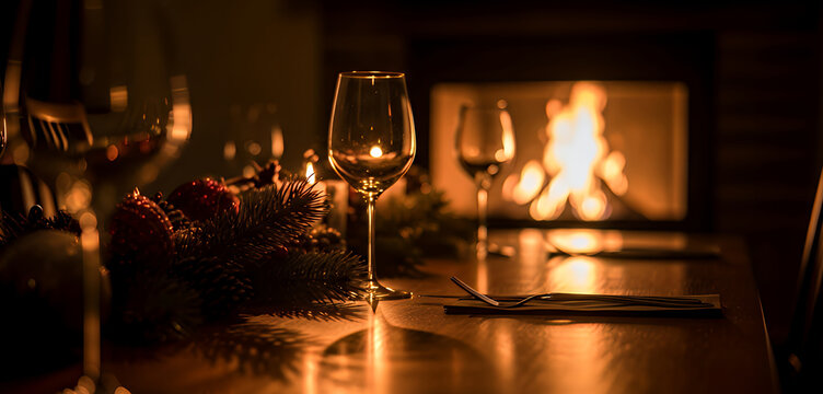 Golden lights shimmer around a cozy dining setup where candles, pinecones, and polished glasses capture the gentle glow of the fireplace, forming a serene Christmas ambiance.