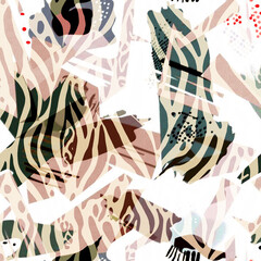 Naklejka premium Watercolor square artistic pattern with animal texture. leopard skin, zebra texture, tiger fur.