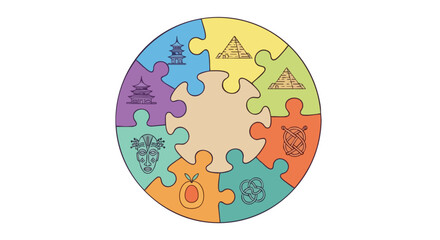 A colorful puzzle illustration depicting various cultural symbols, representing global unity and diverse heritage, arranged in a circular jigsaw formation, on a clean white background.