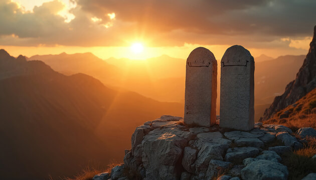 Ancient stone tablets stand on high mountain summit. Sunlight illuminates engraved laws during golden sunset. Biblical commandments on stone, sacred history symbol. Peaks covered in warm golden glow, - Powered by Adobe