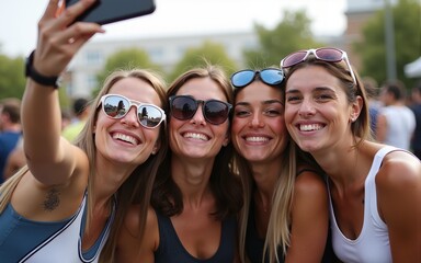 Group of friends taking a selfie at pre-race gathering. High quality
