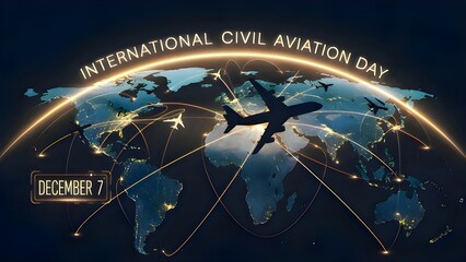 Silhouettes of airplanes flying around the world, symbolizing global air travel and International Civil Aviation Day.