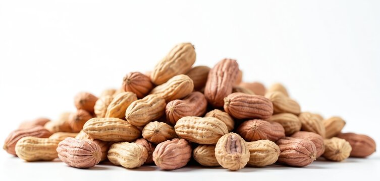 Large heap of raw unpeeled peanuts sits isolated on bright white background. Many brown organic groundnuts with natural shells create nutritious snack option. Crunchy legume food offers excellent - Powered by Adobe