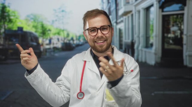 Man doctor in white coat with stethoscope points finger to street on city sidewalk smiling; friendly helpful guidance.