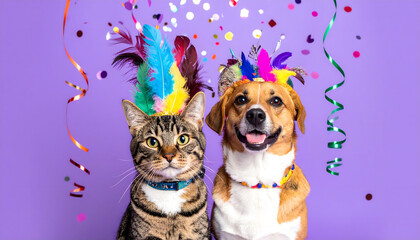 cute little dog and cat in festive hat with feathers