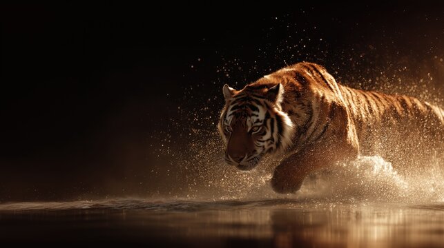 Growth and empowerment concept showing a powerful tiger running through water, symbolizing momentum and unstoppable progress in business.
