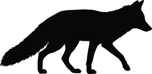 Silhouette of a walking fox in profile view with bushy tail and pointed ears for wildlife and design themes