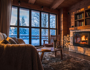 Cozy wooden cabin living room with fireplace and snowy forest view
