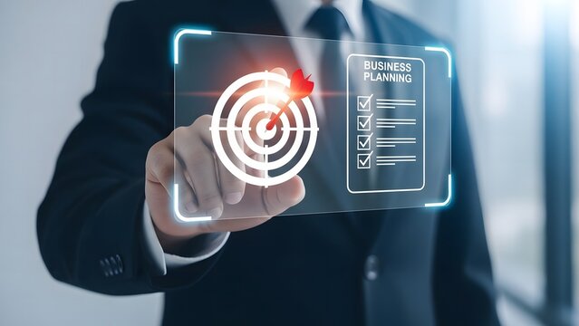 Businessman targeting digital interface with futuristic technology displaying data and information for strategic planning and success - Powered by Adobe