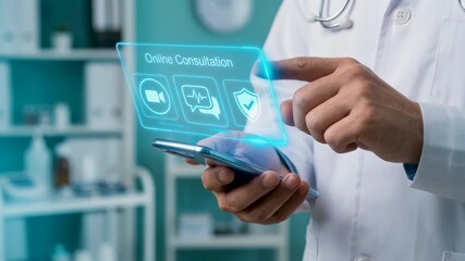 Doctor hand touching smartphone with online consultation hologram, digital healthcare interface, virtual medical icon, remote access display, modern health technology panel. Seamless looping video - Powered by Adobe