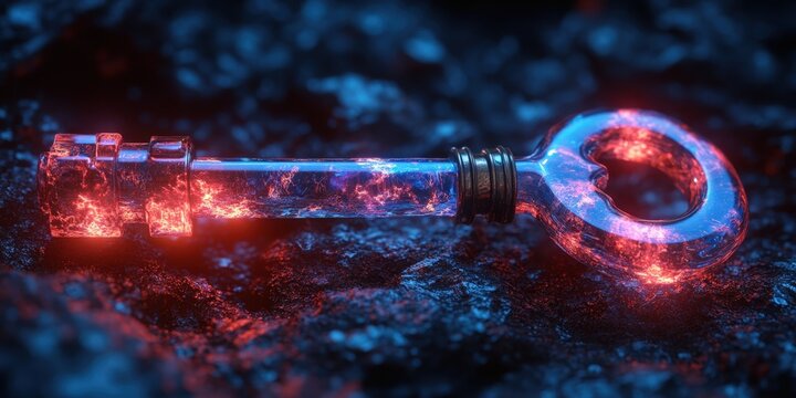 A vibrant blue key with striking red accents, presented against a deep, dark background. This image evokes mystery, magic, and hidden potential.