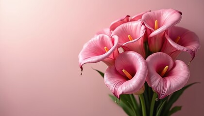 Elegant calla lilies bouquet arranged on soft pink backdrop. Delicate pink flower blooms in romance theme. Floral blossom composition evokes serene pastel art. Aesthetic nature decoration idea with