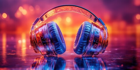 Two sleek, futuristic headphones emit a vibrant blue glow, resting on a reflective surface. An abstract background with warm colors and bokeh effects adds a surreal and modern feel.