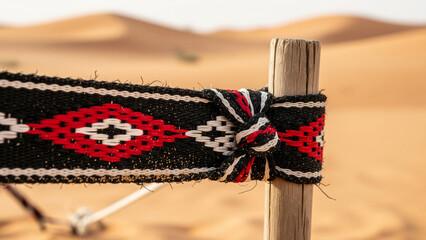 Macro close-up of traditional black and red Sadu weaving strap tied to wooden stake in Saudi desert with sand dunes background