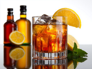Whiskey on the rocks in a glass on a bar counter isolated on white background