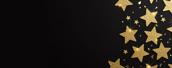 Gold glitter stars border on black background. Festive celebration confetti frame with copy space. Luxury holiday banner