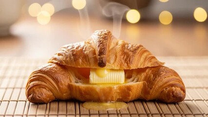 Warm croissant with melting butter freshly baked pastry morning breakfast food concept