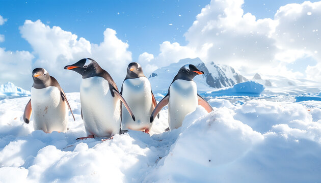 Gentoo penguins gather in snowy antarctic landscape under blue sky