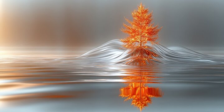 A solitary tree reflects in still water, showcasing a vibrant orange hue. The scene evokes tranquility and beauty with a muted background.
