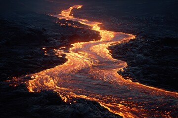 Fototapeta premium Fiery River - Molten Lava Flowing Through Dark Landscape, Volcanic Eruption.