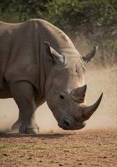 Obraz premium A massive wild rhinoceros lowers its head, preparing to run and charge across the dusty savanna, showcasing immense strength ,concentration. ,beast ,speed