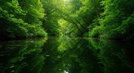 A peaceful, reflective water surface displaying lush emerald green hues from dense surrounding foliage and submerged plant life ,jade ,texture ,background