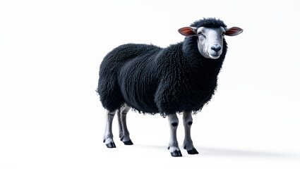 Fototapeta premium Black Sheep Woolly Animal Farm Livestock Full Body Isolated White Background Studio Photography Gentle Features Black Fleece Calm Expression Textured Coat Generative AI