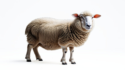 Fototapeta premium Sheep Animal Farm Livestock Full Body White Wool Fluffy Face Nose Eyes Pasture Studio Photography Isolated Clean Background Generative AI