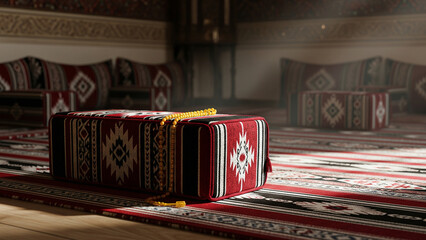 Traditional red Sadu armrest cushion with yellow prayer beads on carpet in sunlit Saudi Majlis interior
