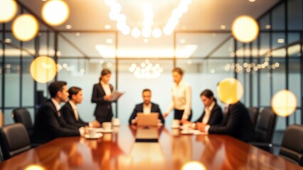 Blurred image of a professional business meeting in a modern office setting with a diverse team collaborating around a conference table, highlighting teamwork and corporate environment