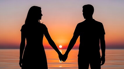 Couple holding hands at sunset Silhouette of a romantic couple enjoying a beautiful sunset by the ocean