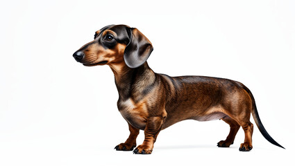Obraz premium Dachshund Dog Full Body White Background Long Body Short Legs Floppy Ears Brown Eyes Black Nose Studio Lighting Sharp Focus Neutral Expression Generative AI