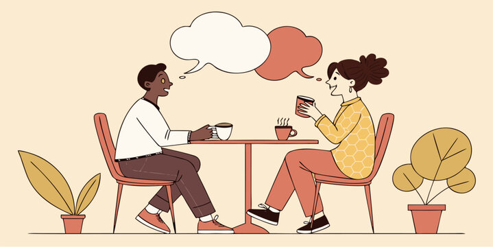 Engaging coffee break conversation with friends, sharing ideas, modern illustration of diverse friends laughing over cafe drinks, friendship and connection
