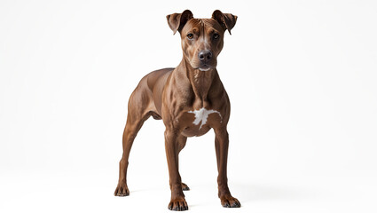 Obraz premium Rhodesian Ridgeback Dog Full Body White Background Erect Ears Brown Eyes Sleek Coat Studio Lighting Sharp Focus Natural Expression Minimalist Backdrop Generative AI