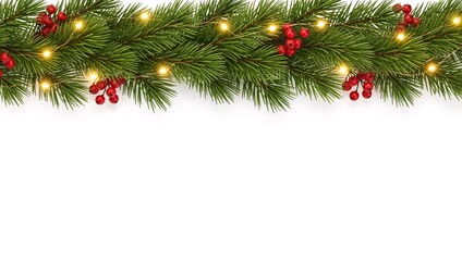 Christmas garland border with green pine branches, red berries and glowing lights. Festive holiday background on white with copy space for text