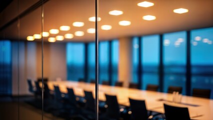 Modern empty conference room with a long table and chairs, seen through a glass partition, illuminated by warm ceiling lights and large windows