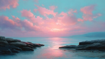 Fototapeta premium Serene Sunset Over Calm Waters with Soft Pink and Blue Hues Reflected in the Sky and Gentle Waves Lapping at Rocky Shoreline