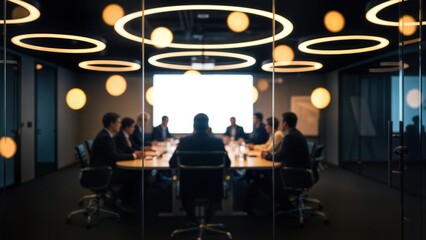 Business professionals hold a strategic meeting in a modern conference room, illuminated by unique circular lights, with a large screen, viewed through a glass wall